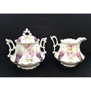 Antique M&Z Austria Hand painted Porcelain Floral sugar Bowl And Creamer Set